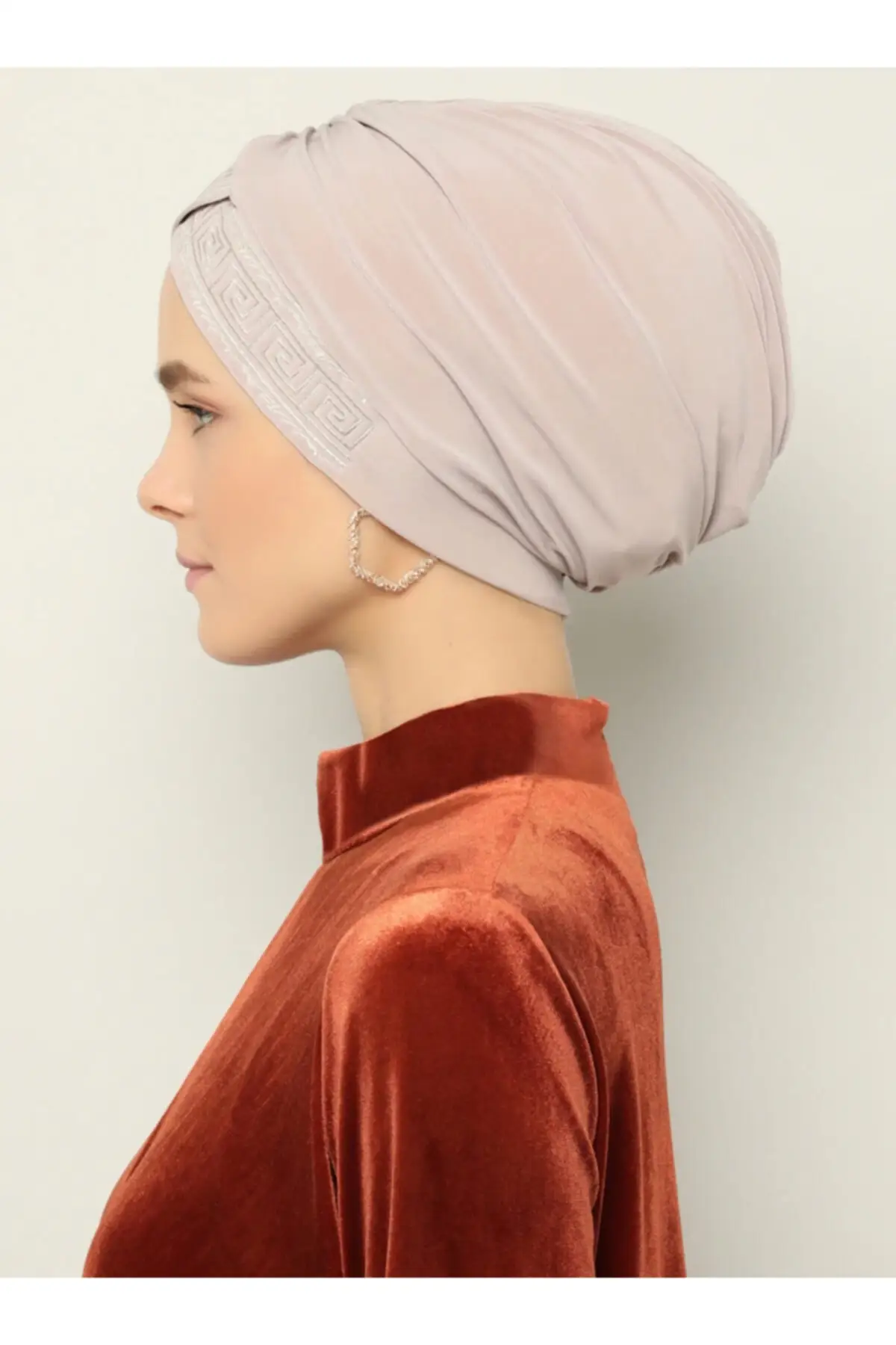 Embroideried Cross Banded Ready Turban-Beige-