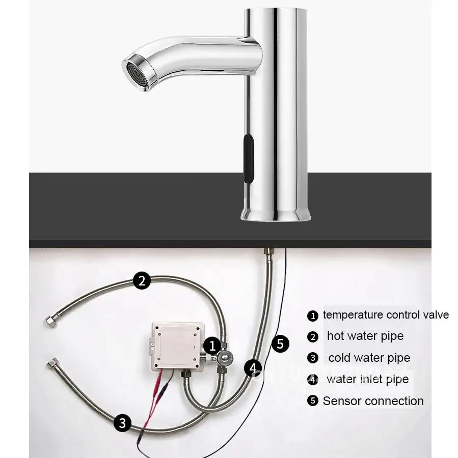 Faucet Black Sensor Bathroom Matte Cold and Hot Deck Sink Mixer Sensor Steel Mounted Powered Battery Infrared Stainless