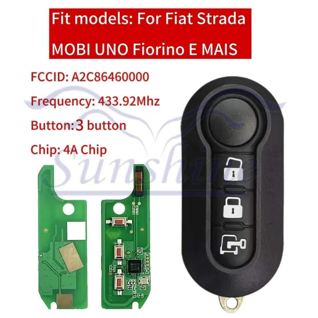 

Sunshine Fiat 4A Chip 433MHz A2C86460000 SIP22 Blade Flip Car Remote Key Or PCB Board For Fiat Mobi Uno Fiorino E Mais Strada