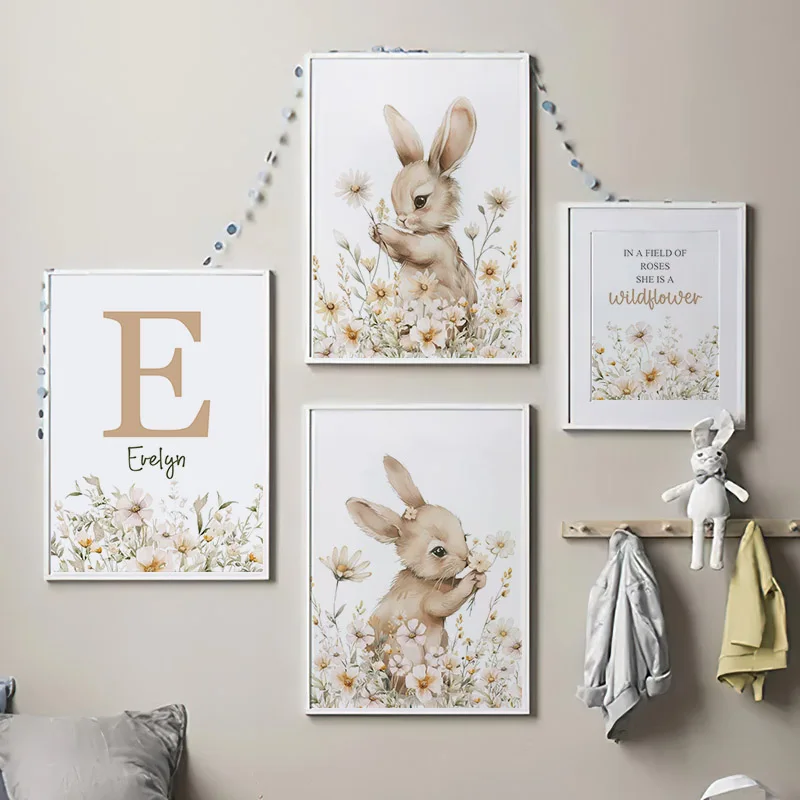 Autumn Rabbit Wild Flower Daisy Nursery Wall Art Canvas Painting Nordic Cartoon Posters And Prints Pictures Baby Kids Room Decor