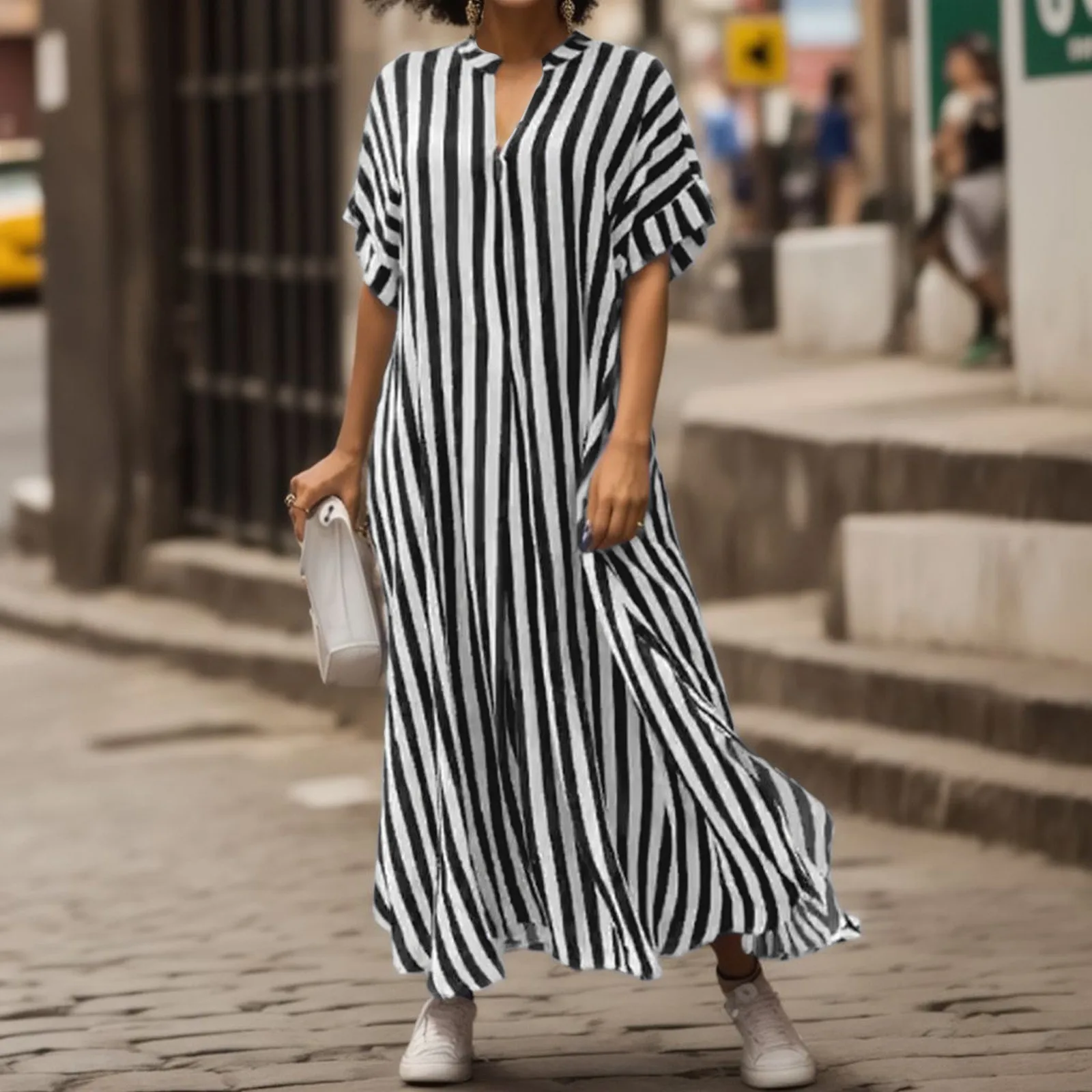 

Summer Striped Shirt Dresses Womens Stand Collar Short Sleeve Side Slit A Line Long Dresses Oversize Fashion Casual Dress