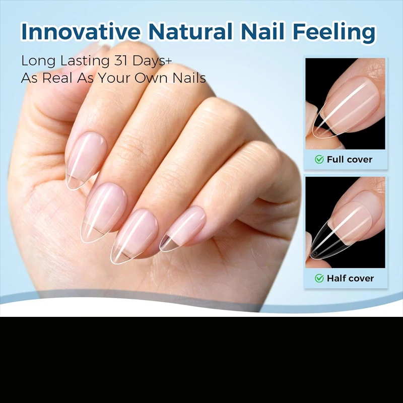 Puntas de uñas almendradas cortas - 120/240/450/600 piezas, 12 tamaños, puntas de gel suave, semi mate, preformadas, de cobertura completa, transparentes, para extensión de uñas 3