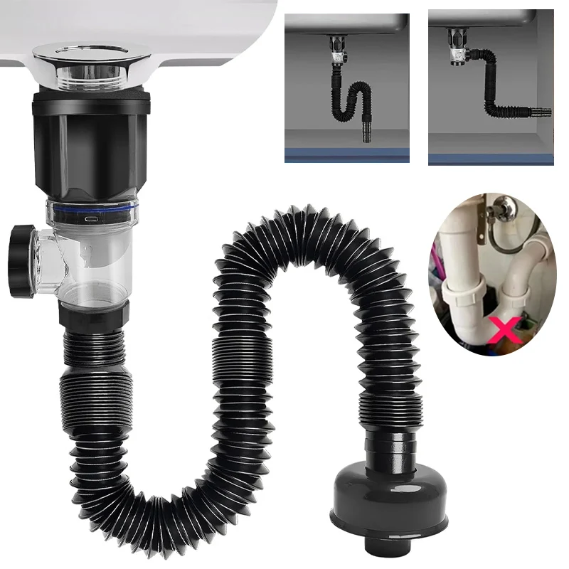 Universal Bathroom Flip-Top Kitchen Sink Drain Retractable Deodorizing Filter Flexible Downspout Sink Anti Clogging Accessories