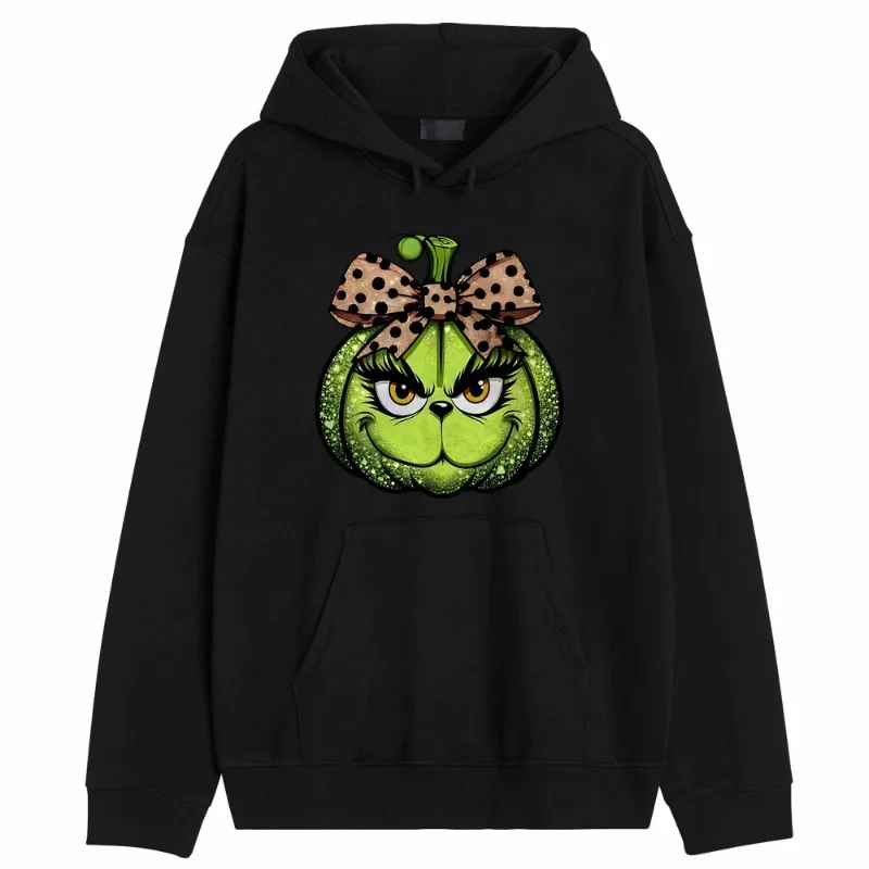 

Women's Leopard Bowknot Pumpkin Print Hoodie Leopard Bowknot Pumpkin Casual Hoodie Funny Pumpkin Hoodie