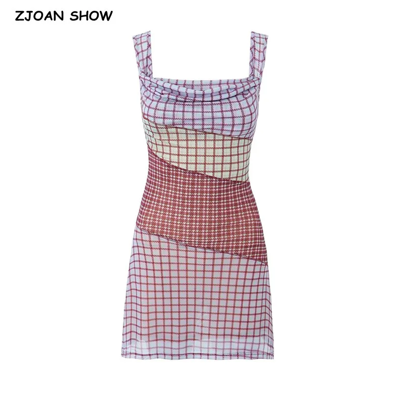 2023 Sexy Ruched U Collar Contrast Color Plaid Print Mini Mesh Sling Dress Women Packages Hips A-lined Robe With Lining