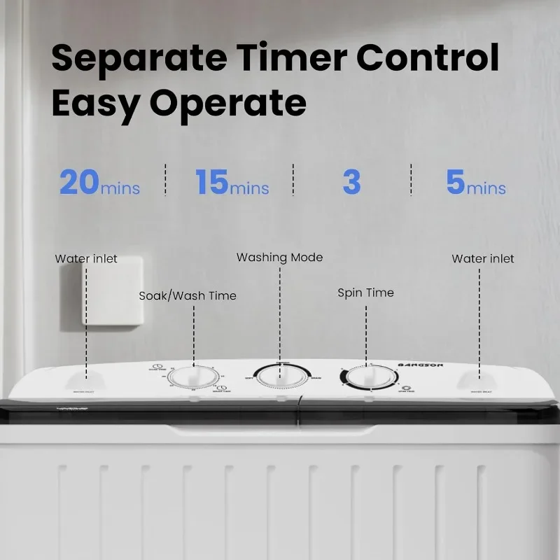 BANGSON Compact Portable Washing Machine, 17.6 Lbs Portable 11 Lbs Small Twin Tub Washer and 6.6 Lbs Spin Cycle for Camping