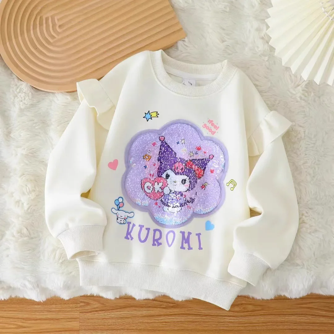 Sanrio Cinnamoroll Kuromi Sweatshirt Children Sequins Pattern Changing Kid Casual Crew Neck Sweatshirt Girls Baby Pullover