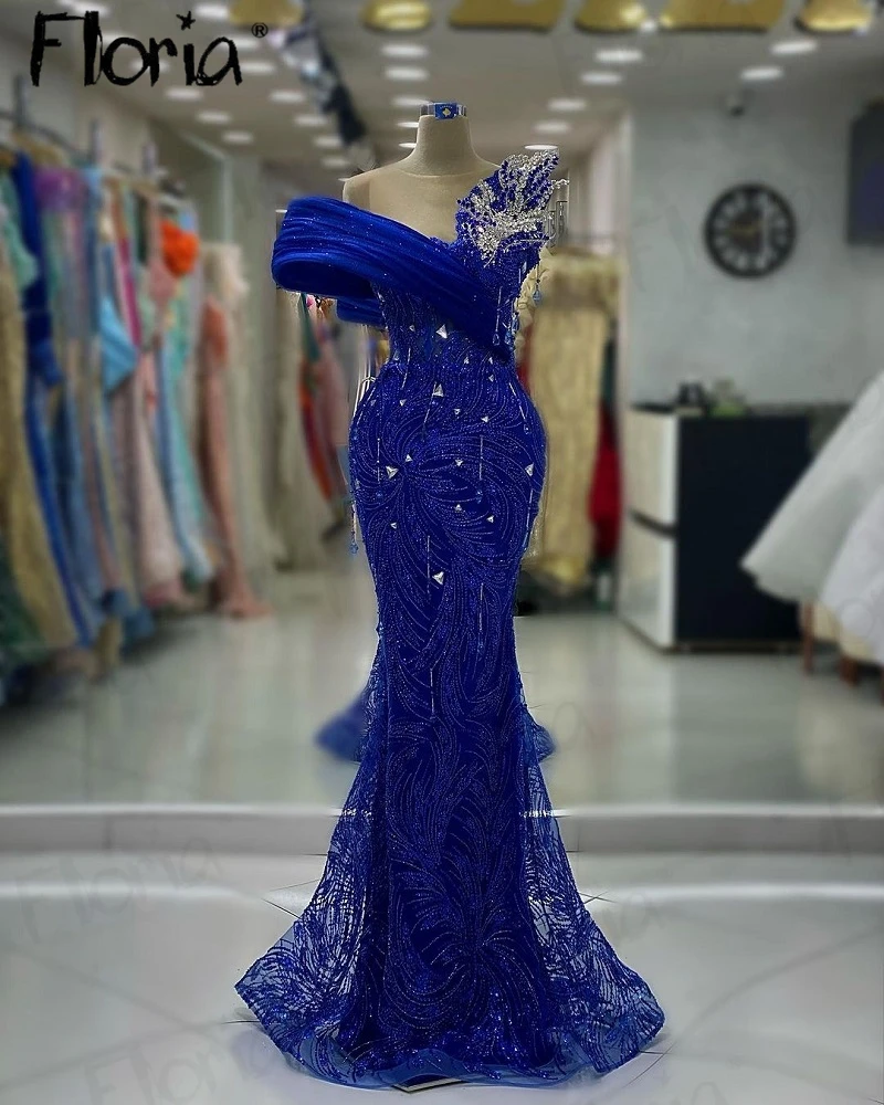 Personalizado fora do ombro frisado Dubai vestido de festa, Vestidos formais elegantes do baile, Vestidos de noite de casamento, Sereia azul royal, 2023, novo