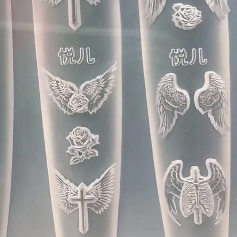 Nail Art Mold Set Combination Wings Feathers Cross Skull Hand Knife Rose 3D Nail Art Decorations Transparent Silicone Mold view 4