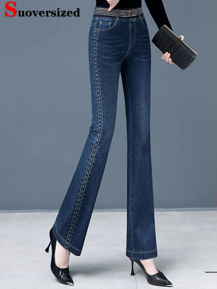 

Side Stripe Hight Waist Skinny Flare Jeans Woman Korean Stretch Denim Pants Big Size 4xl Streetwear Ankle Length Kot Pantolon