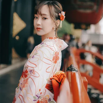 우아한 유카타 일본 전통 기모노 원피스, 꽃 프린트 하오리 일본 유니폼, 빈티지 무대 쇼 공연 코스튬