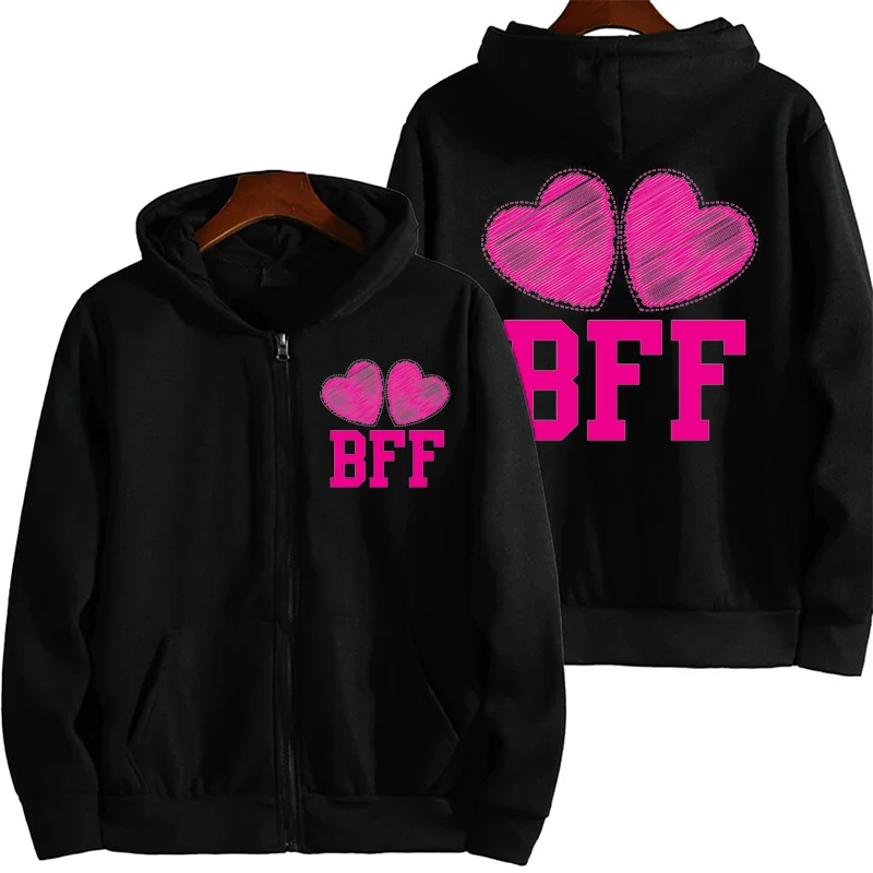 BFF with Cute Pink Hearts Best Friends Forever Zip Up Hoodies Sweatshirts Long Sleeve Women Zipper Hoodies Black Hooded Shirt