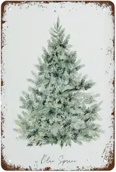 Retro Metal Sign Vintage Tin Sign Blue Spruce Winter Trees Print Farmhouse Winter Sign Evergreen Christmas Wall Art Plaque Retro