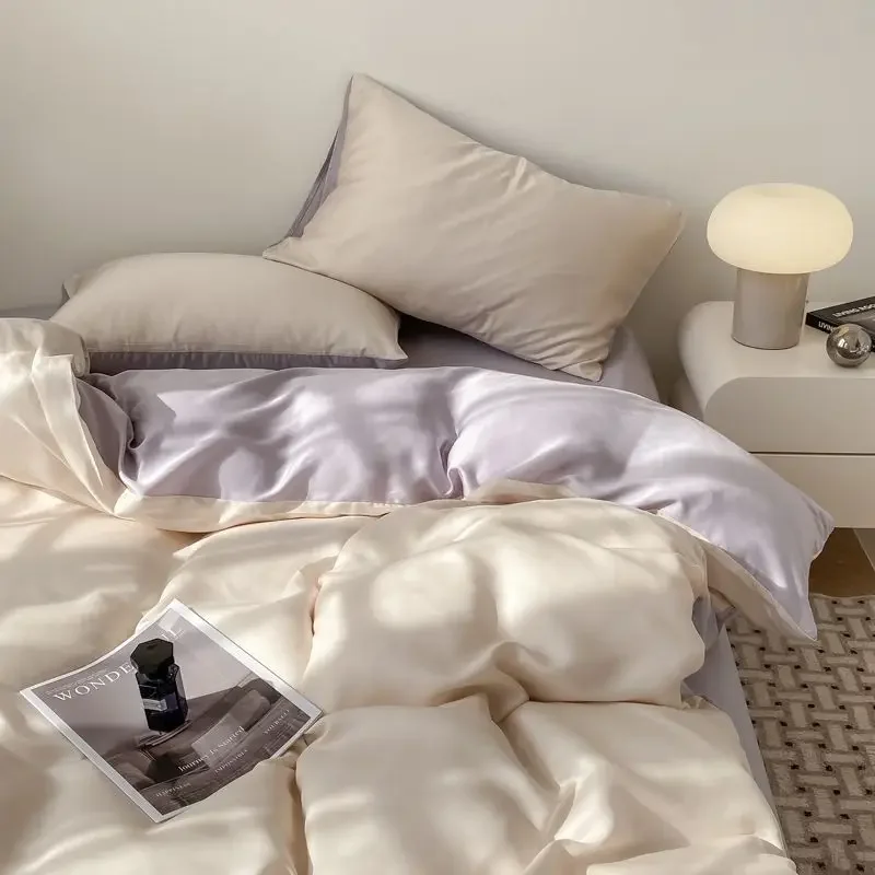 Summer Bedding Set Luxury Ice Silk Four Piece Set, Washed Silk Bed Sheet and Quilt Cover Set Summer Cool Feeling Soft Smooth