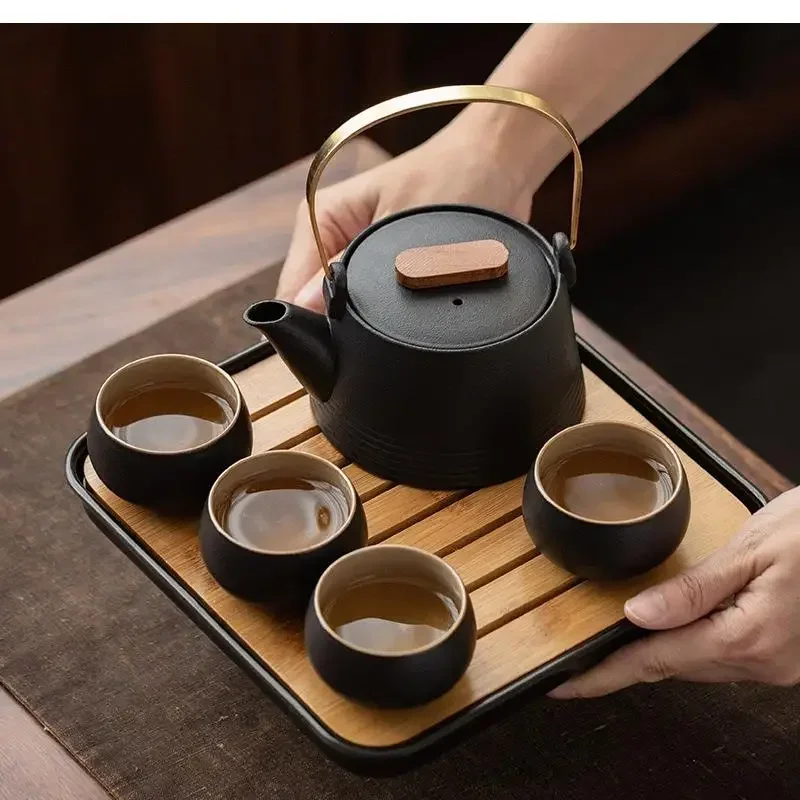 Quality Chinese Tea Set Hand-held Black Ceramic Teapot  Set Kung Fu Tea Box Purple Sand Charm Tea Pet