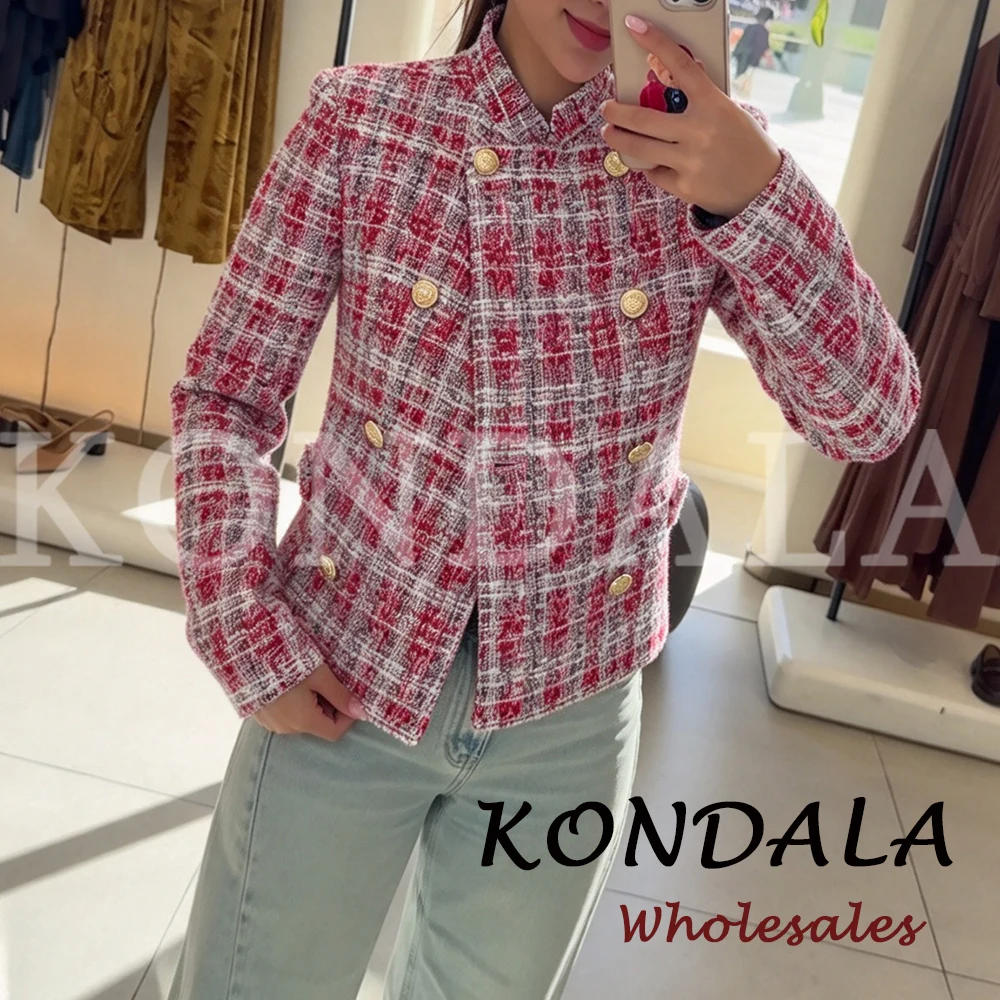 KONDALA Chic Casual Fashion Plaid Office Lady Women Blazer Double Breasted Short Jacket Y2K Long Sleeve Female Elegant Outwear