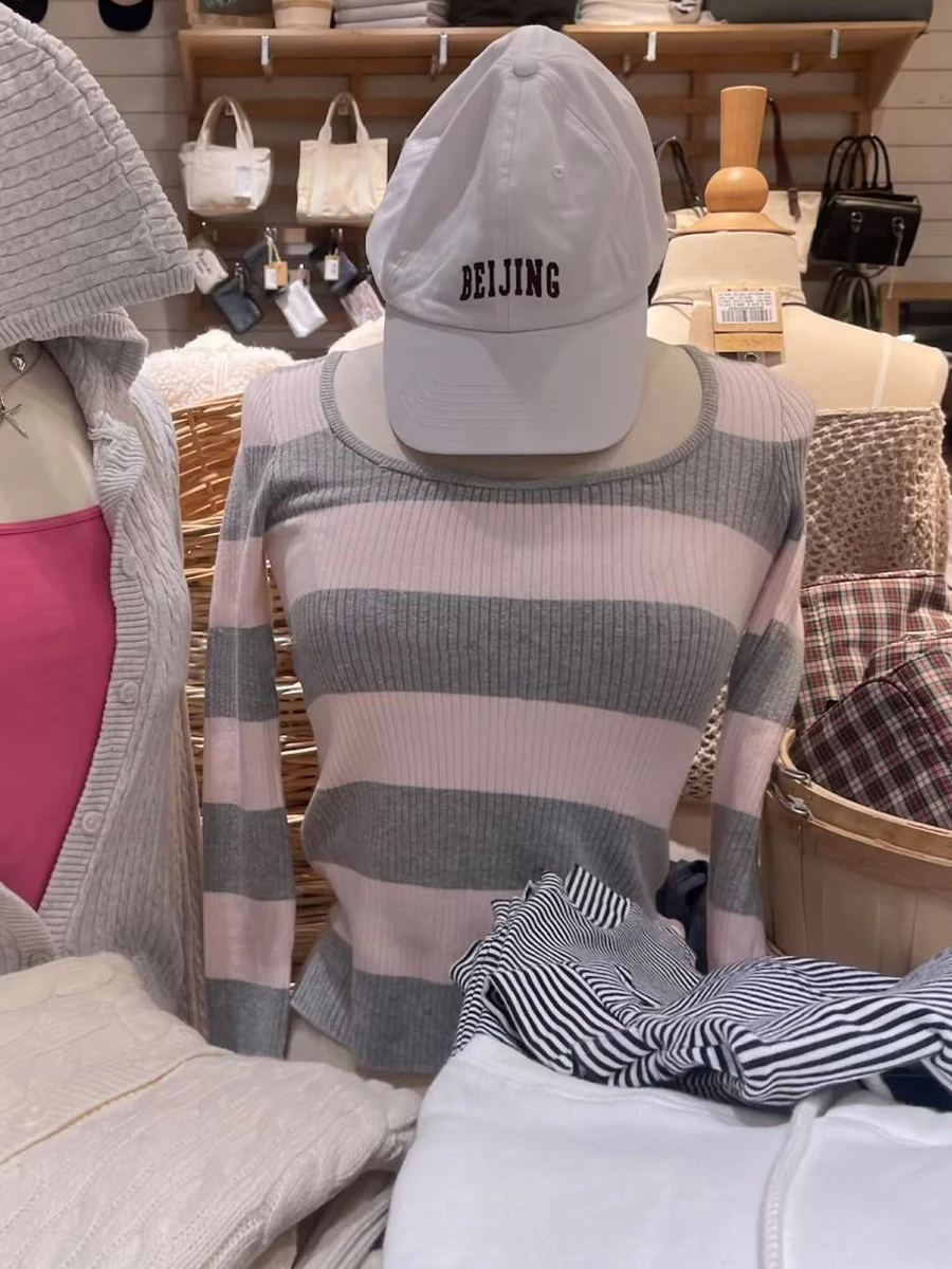 Gray Pink Striped Slim Sweater Woman Autumn O-neck Long Sleeve Cotton Slim Pullover Tops Female Sweet Preppy Style Crop Top New
