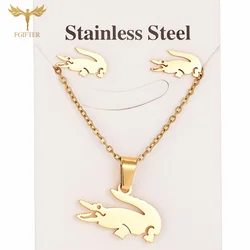 Fgift Gold Plated Sainless Steel Jewelry Sets For Women Crocodile Pendant Chain Necklace Stud Earrings Animal Design Party Gifts