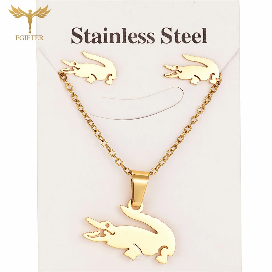 Fgift Gold Plated Sainless Steel Jewelry Sets For Women Crocodile Pendant Chain Necklace Stud Earrings Animal Design Party Gifts