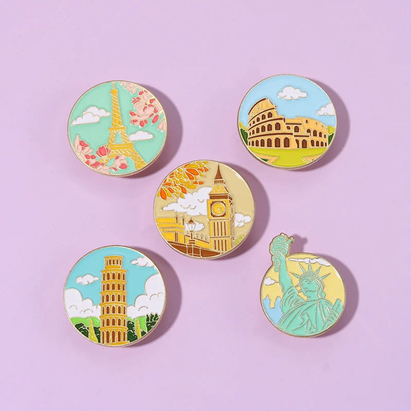 Famous Building Enamel Pins Liberty Eiffel Tower Big Ben Colosseum Tower Pisa Brooches Lapel Badges Landmark Jewelry Gift