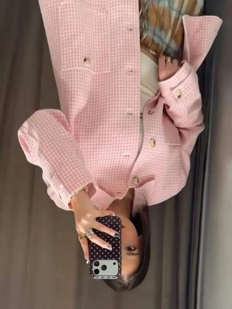 

HH 2026 Women Loose Pink Plaid Long Sleeves Lapel Single Breasted Pocket Decoration Fashion Top Woman Casual Commuting Shirt