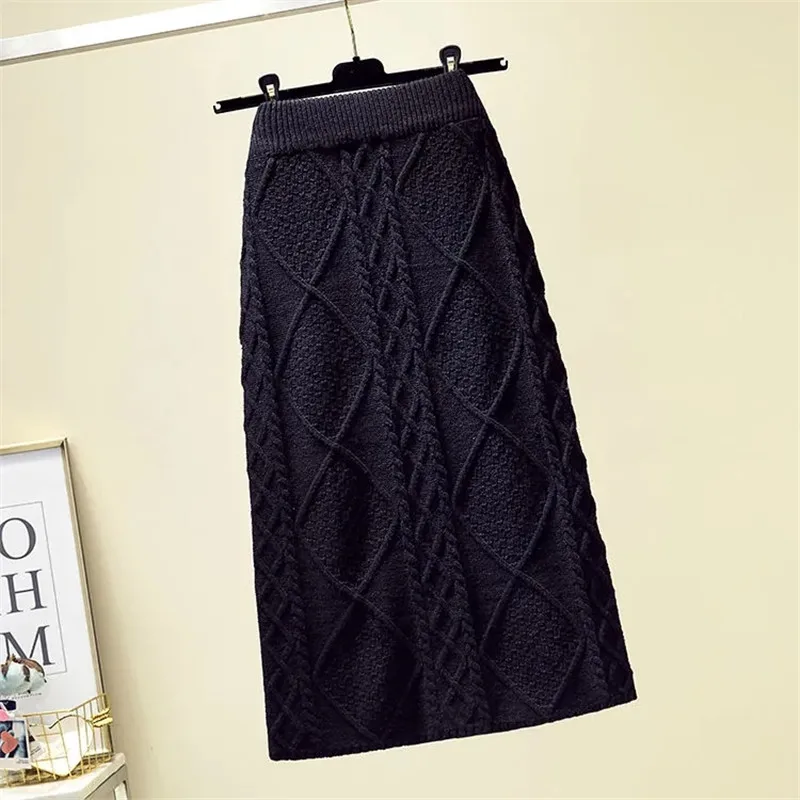 

Autumn Winter Womens Skirts High Quality vintage Rhombic Plaids Twisted Knitted Skirt Elegant High Waist Slim Long Skirt Faldas