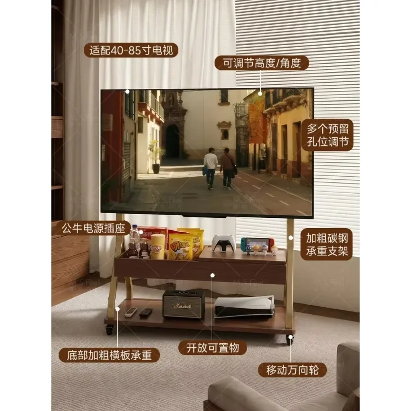 Solid Wood Movable Bracket Living Room Home Floor With Wheel Storage TV CabinetX14