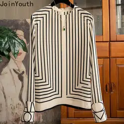 2024 Blusas Mujer De Moda Blouse Women Fashion Striped Print Long Sleeve Shirts Stand Neck Korean Tops Vintage Summer Blouses