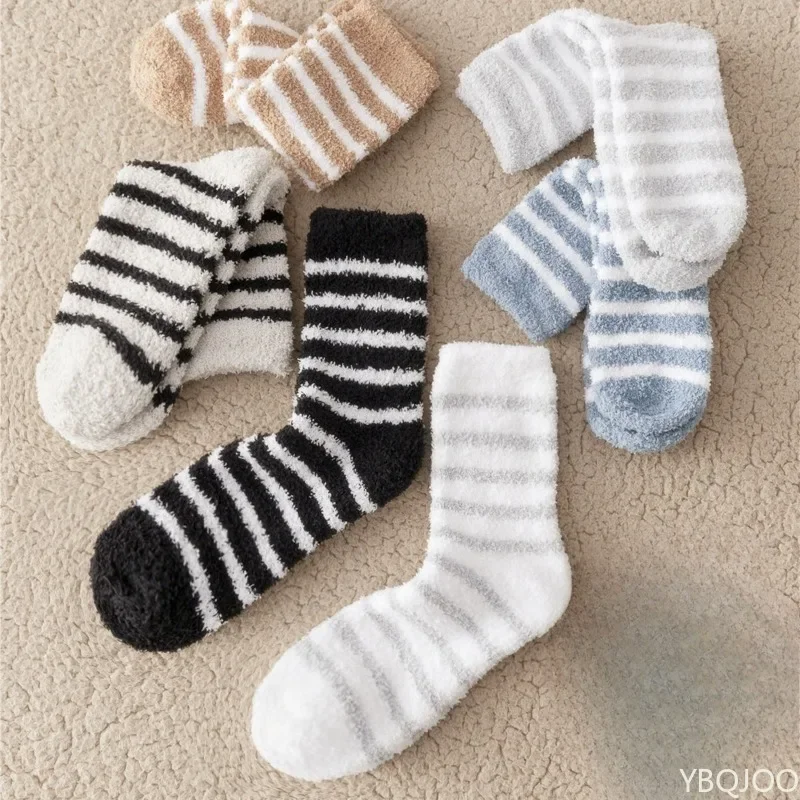 

5 Pairs Thick Mens Thermal Socks Winter Warm Striped Coral Fleece Fluffy Solid Color Sleep Male Bed Socks Hot Sell