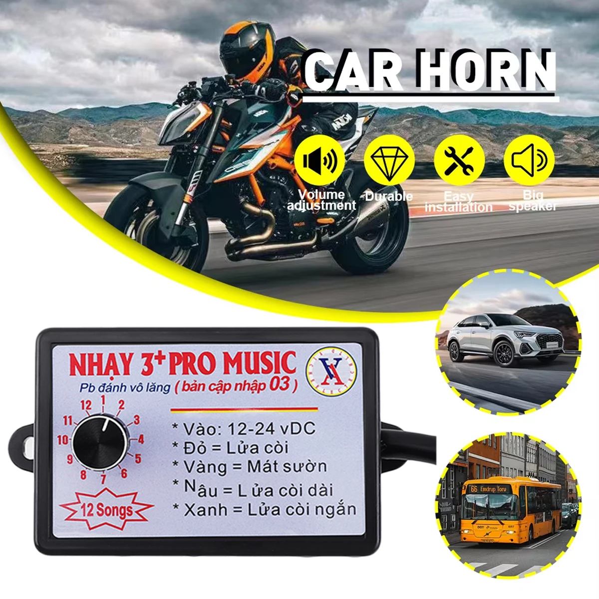 Nhay 3+ Pro Music Rapid Horn Relay 12-24V (8Tones/12 Tones) For Motorcycle Car Jeep Marine Boat Truck All Vehicle is Compatible