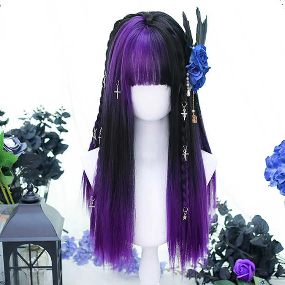 Synthetic wig Lolita wig Purple-dyed black long straight wig Natural long hair For Cosplay With Bangs