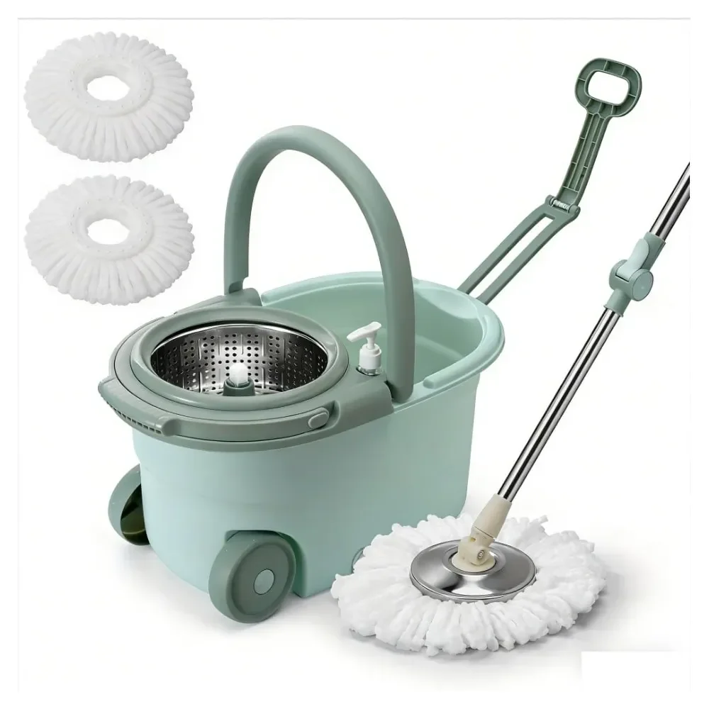 

360 Spin Mop And Bucket System With Wringer 61 Stainless Steel Handle 2 Microfiber Refills, SelfCleaning Floor Mop For Tile, Ha