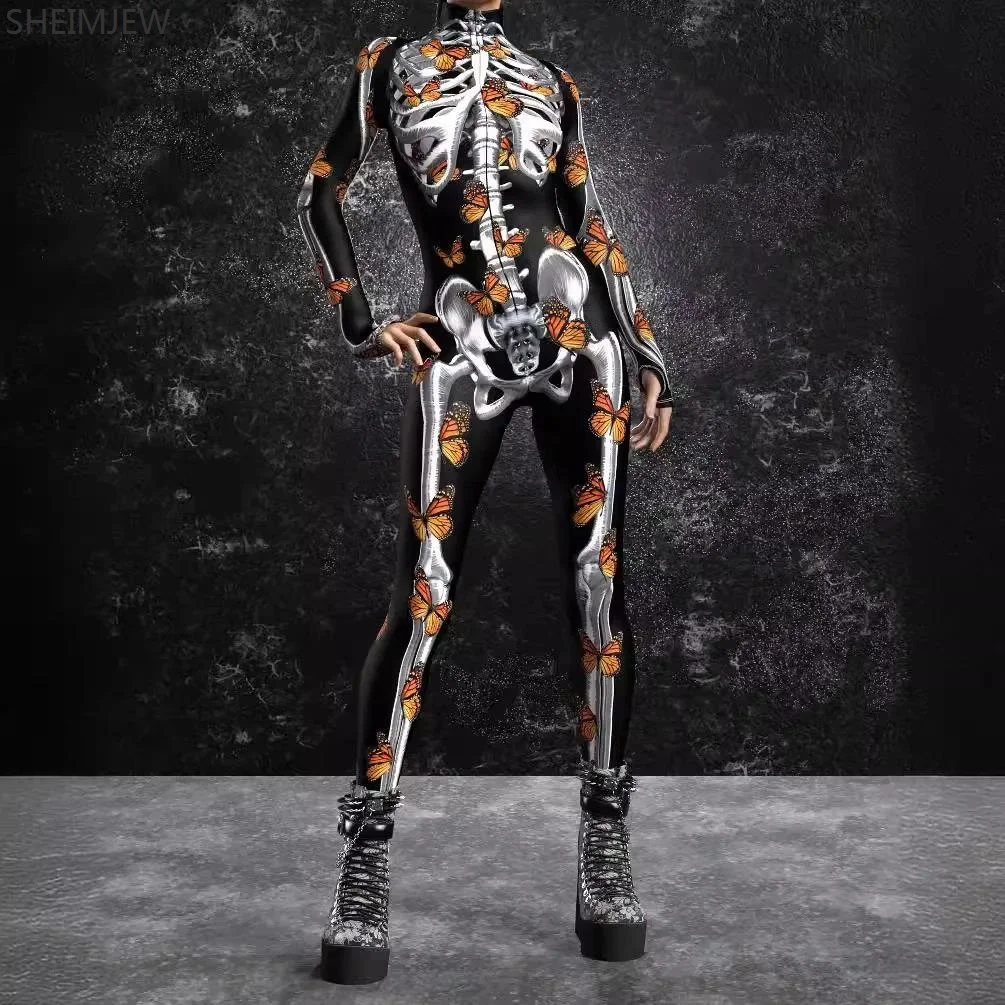 New Women 3D Colorful Skull Print Jumpsuit Halloween Party Cosplay Bodysuit Cyberpunk Zentai Suit Carnival Stage Showing Catsuit