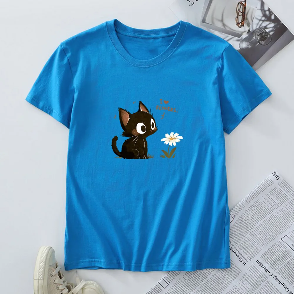 Damska bawełniana koszulka T-shirt Moda Kawaii Harajuku Kot Grafika T-shirty Letnie Krótkie Rękawy Damskie Koszulki Topy Odzież Damska — zdjęcie 7
