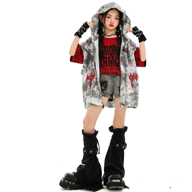 Mädchen Hip Hop Coole Weste Mit Kapuze Denim Shorts Mode Street Dance Kostüme Gruppe Streetwear Jazz Bühne Leistung Kleidung Sets