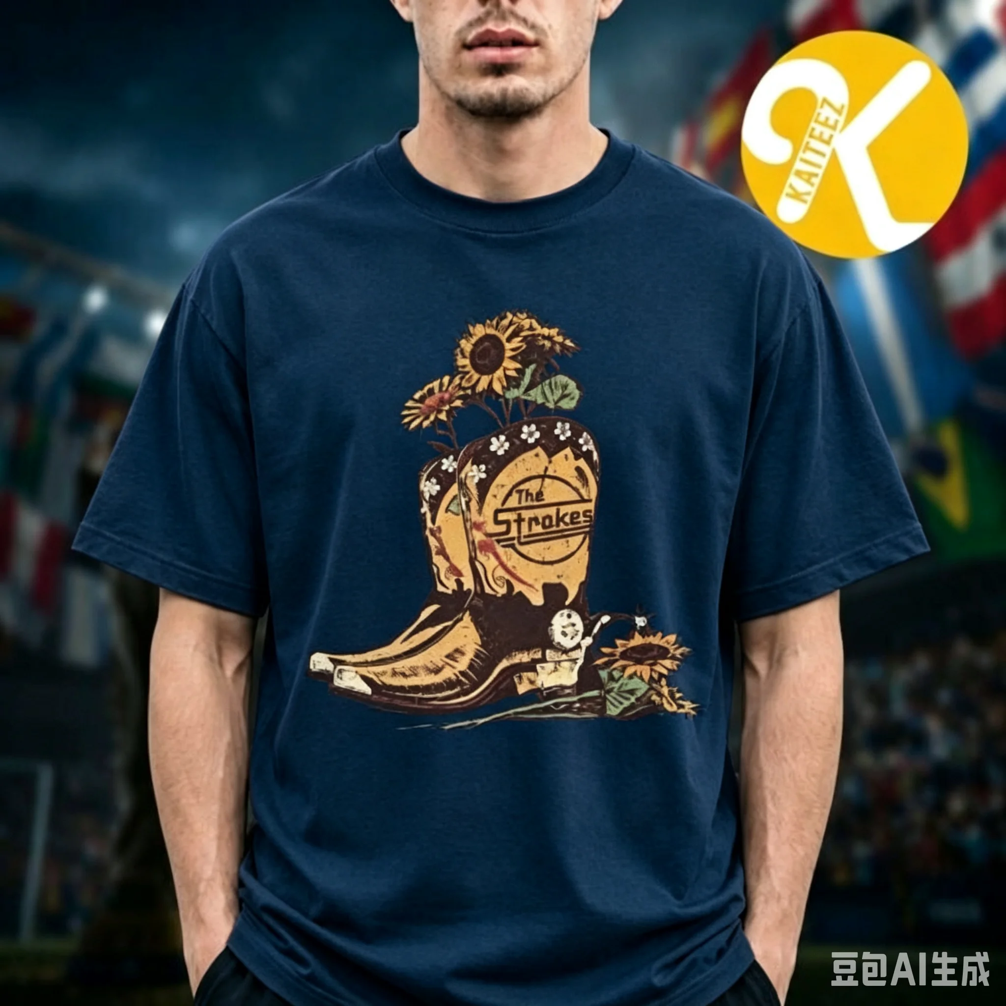 The Strokes Cowboy Boots Sunflower Graphic T‑Shirt Men Vintage Rock Band Short Sleeve Casual Cotton Streetwear Tees