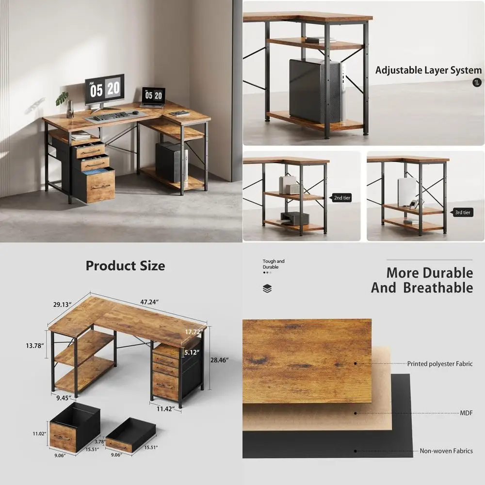 

47" Computer Desk with Drawers, Desks for Bedrooms, Writing Desk with Storage, Work Desk for Small Space, Rustic Brown