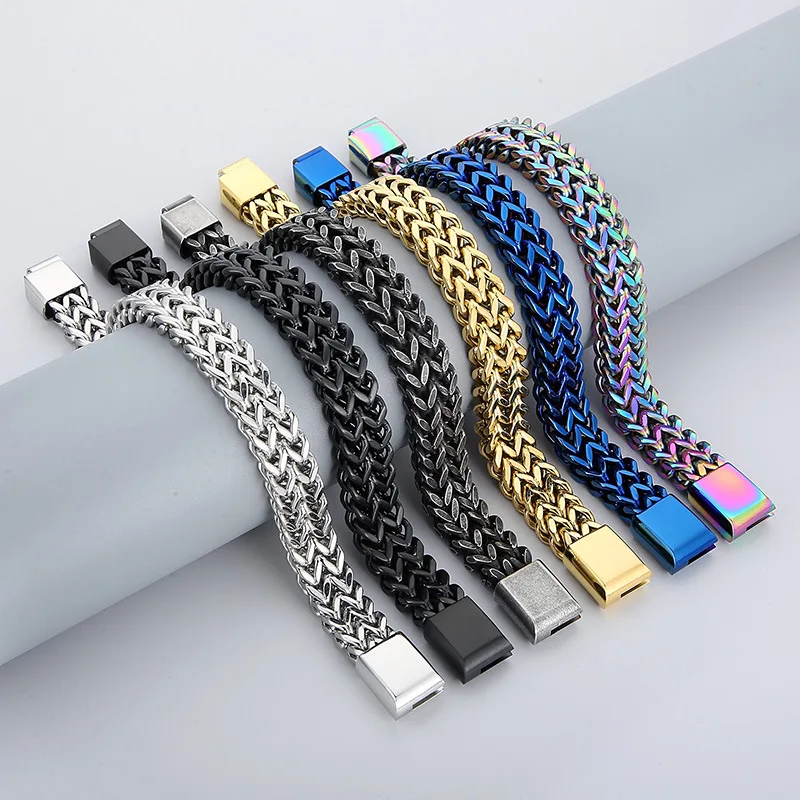 Fashion Double‑Row Dragon‑Bone Chain Bracelet, Punk Retro Reversible‑Link Magnetic Clasp Titanium‑Steel Men Wrist Jewelry