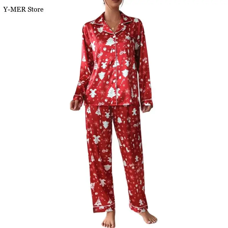 2025 Autunno Nuovo Pigiama Vestito Delle Donne di Stampa Elementi Di Natale Degli Indumenti Da Notte Camicia Allentata Pantaloni 2 Pigiama di Seta del Ghiaccio Femme Loungewear