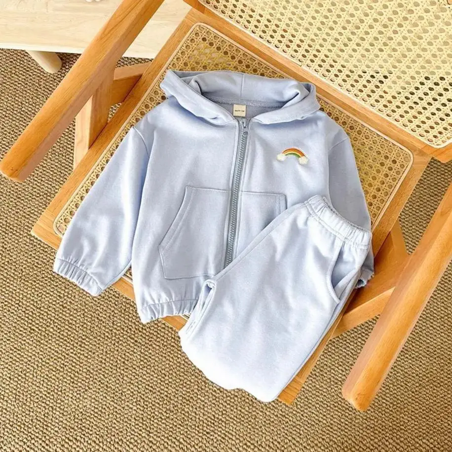 INS Newborn Set Girls Hoodie Children Clothing Rainbow Embroidered Long Sleeves+Long Pants Baby Sports Shirt Casual Boys 2PCS