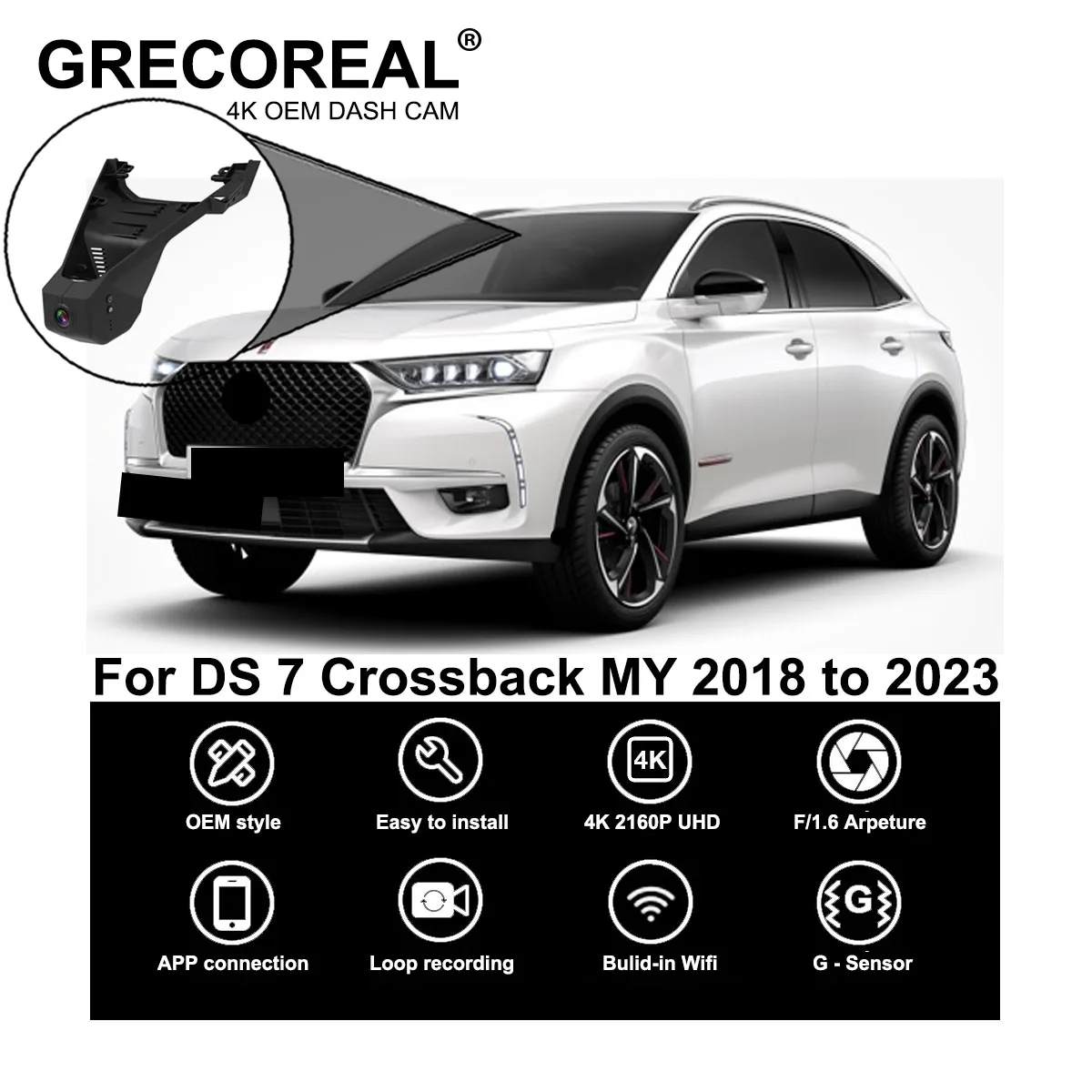 

GRECOREAL 4K Dash Cam Front Rear WiFi Dual Camera Dashcam APP Control Easy Install Plug Play Compatible with DS7 Crossback DS 7