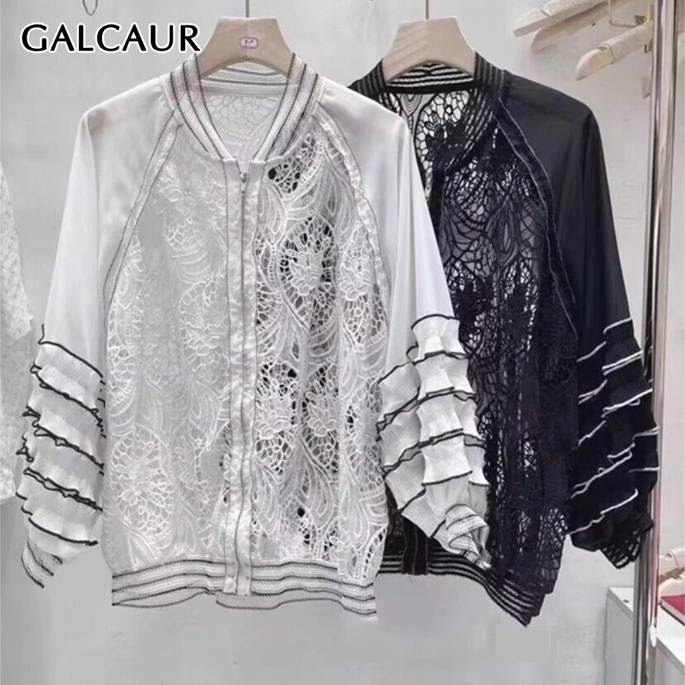 

GALCAUR Colorblock Spliced Hollow Out Basics Jacket Female V Neck Long Sleeve Loose Casual Women's Jackets Summer Fashion New