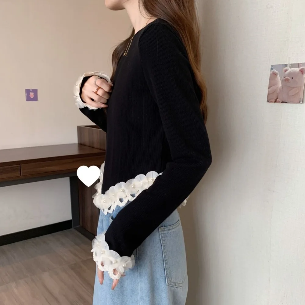 Großes Retro-Hemd mit schwarzer Basis für Damen, Spitze, einfarbiges Design, schmale Passform, schlankmachend, schlicht, elegant, Sinn für Mode