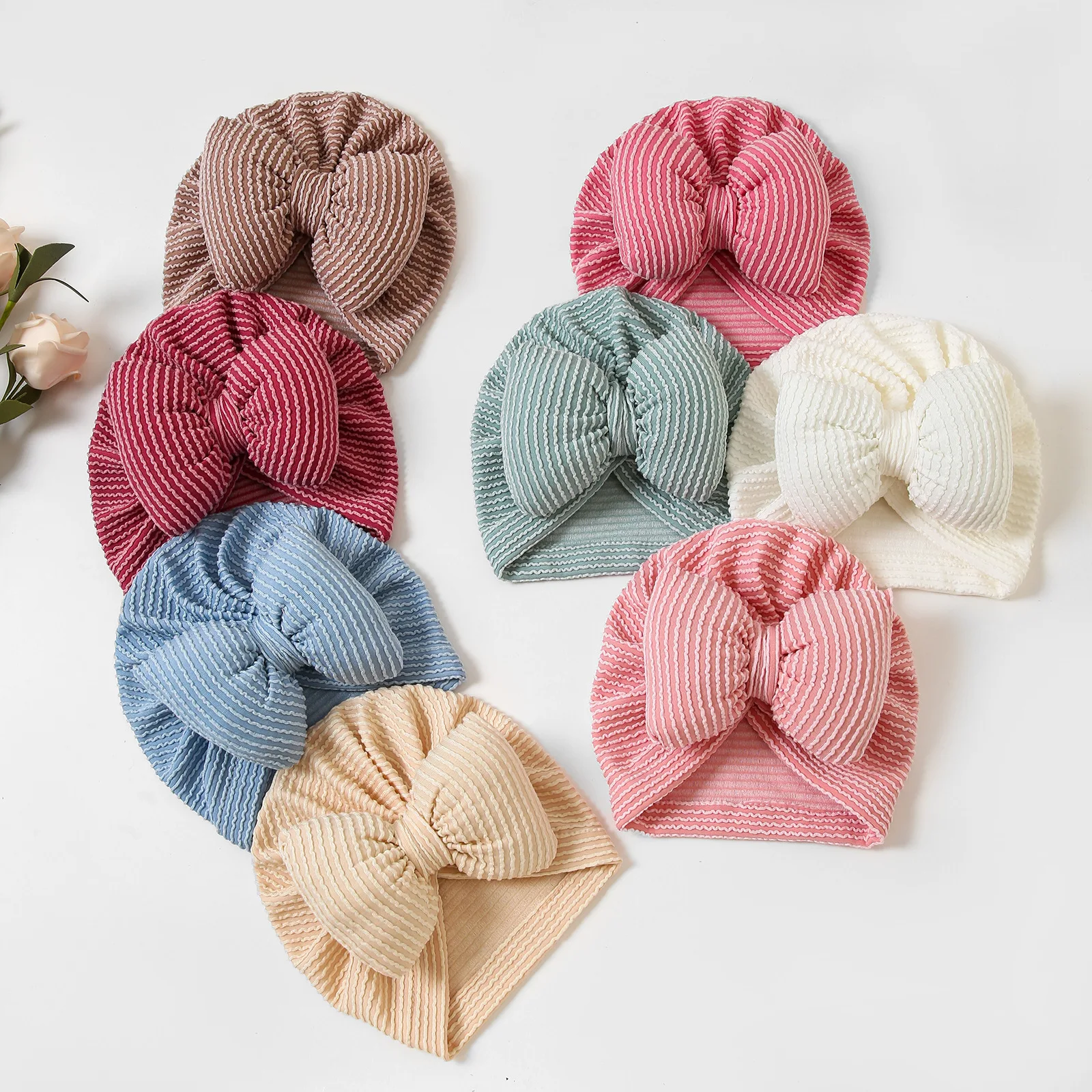 

New Babes Striped Beanie Caps Big Puffy Bow Hat Girls Cotton Bowknot Hat Warm Winter Turban For Kid Toddler Infant Baby Headwear