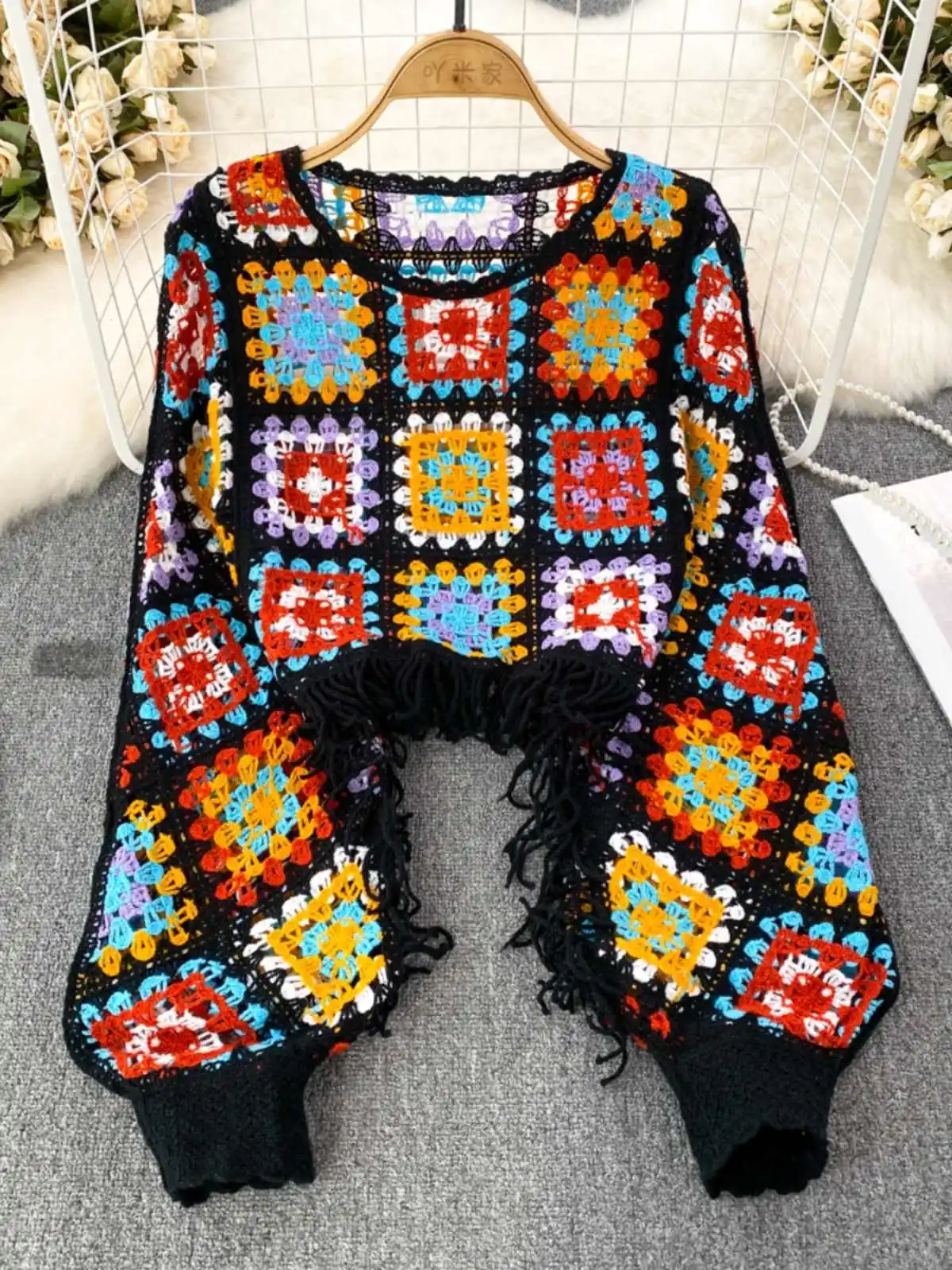 

Women Black Gothic Hollow Plaid Pullover Sweater Vintage Korean 2000s Y2k O-Neck Jumper Top Knitwear Long Sleeves Sweater Autumn