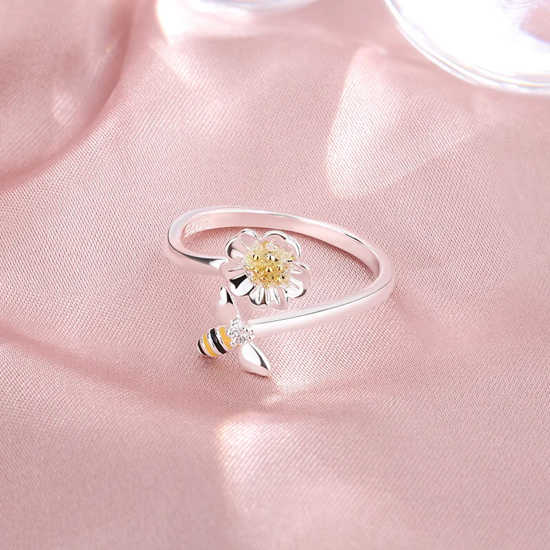 

Кольца из 100% стерлингового серебра 925 пробы для женщин, с цветочным и пчелиным узором, простые, модные, в стиле ретро, открытые, подарки для вечеринок, аксессуары