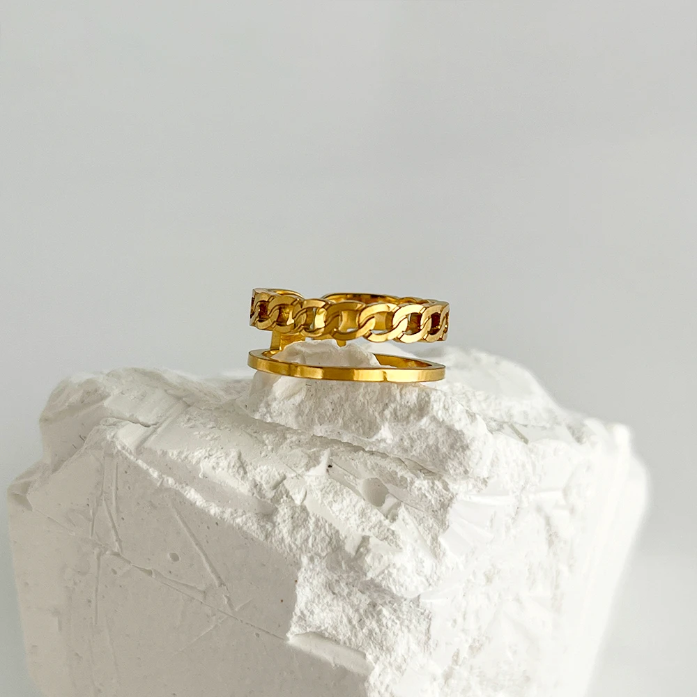 Peri'sBox Punk 2 Layers Hollow Oval Chain Ring For Women Gold Color Trendy Adjustable Opening Ring Hip Hop Simple Geometric Ring image 5