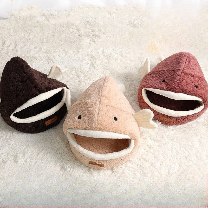 

Cute Little Fish Cat Bed, Warm in Autumn and Winter, Perforated Dog Bed, Pet Cage, Sponge Striped Pet Bed, Semi-enclosed
