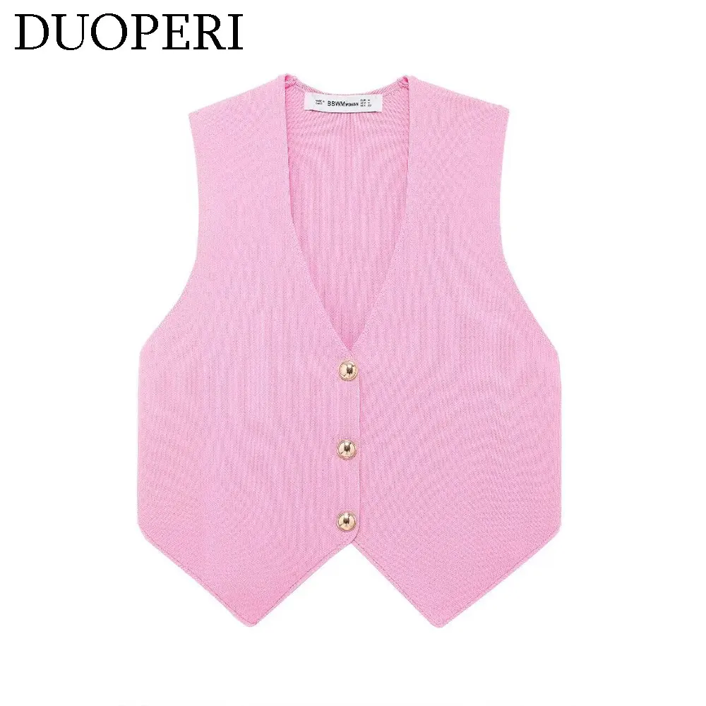 DUOPERI Women Fashion Pink Knitted Vest Tank Tops V-Neck Sleeveless Female Chic Lady Tops Waistcoat