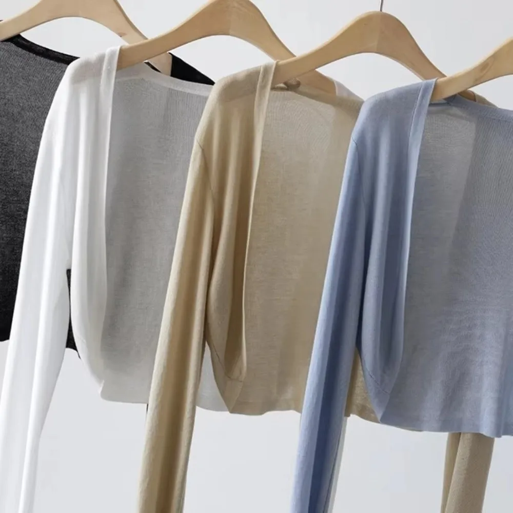 

Casual Sun Protection Cardigan Coat Breathable Thin Knitted Knitted Cardigan Short Length Ice Silk Shawl Summer Cover Up